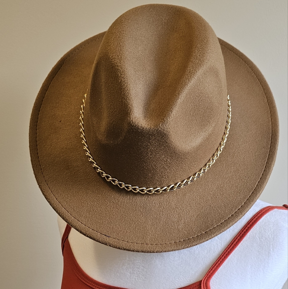 Women's tan hat with gold embellishments from Marc and Mel.